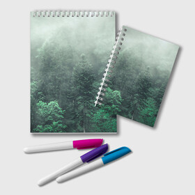 Блокнот с принтом Туманный лес в Тюмени, 100% бумага | 48 листов, плотность листов — 60 г/м2, плотность картонной обложки — 250 г/м2. Листы скреплены удобной пружинной спиралью. Цвет линий — светло-серый
 | дерево | деревья | зеленый | лес | облака | облако | снег | темный