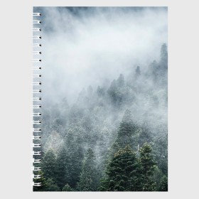 Тетрадь с принтом Туманный лес в Тюмени, 100% бумага | 48 листов, плотность листов — 60 г/м2, плотность картонной обложки — 250 г/м2. Листы скреплены сбоку удобной пружинной спиралью. Уголки страниц и обложки скругленные. Цвет линий — светло-серый
 | белый | зеленый | лес | облака | облако | природа | темный | туман
