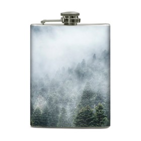 Фляга с принтом Туманный лес в Тюмени, металлический корпус | емкость 0,22 л, размер 125 х 94 мм. Виниловая наклейка запечатывается полностью | белый | зеленый | лес | облака | облако | природа | темный | туман