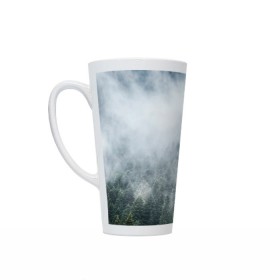 Кружка Латте с принтом Туманный лес в Тюмени, Белая керамика | Объем 480 мл; Высота 150 мм; Диаметр 90 мм | белый | зеленый | лес | облака | облако | природа | темный | туман