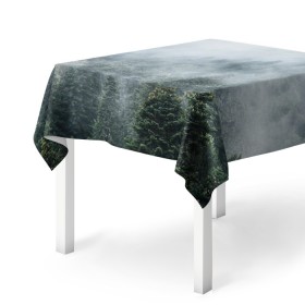 Скатерть 3D с принтом Туманный лес в Тюмени, 100% полиэстер (ткань не мнется и не растягивается) | Размер: 150*150 см | Тематика изображения на принте: белый | зеленый | лес | облака | облако | природа | темный | туман