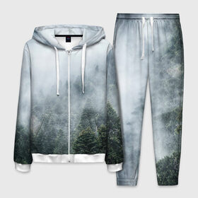 Мужской костюм 3D с принтом Туманный лес в Тюмени, 100% полиэстер | Манжеты и пояс оформлены тканевой резинкой, двухслойный капюшон со шнурком для регулировки, карманы спереди | белый | зеленый | лес | облака | облако | природа | темный | туман