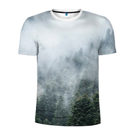 Мужская футболка 3D спортивная с принтом Туманный лес в Тюмени, 100% полиэстер с улучшенными характеристиками | приталенный силуэт, круглая горловина, широкие плечи, сужается к линии бедра | белый | зеленый | лес | облака | облако | природа | темный | туман