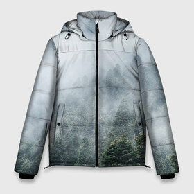 Мужская зимняя куртка 3D с принтом Туманный лес в Тюмени, верх — 100% полиэстер; подкладка — 100% полиэстер; утеплитель — 100% полиэстер | длина ниже бедра, свободный силуэт Оверсайз. Есть воротник-стойка, отстегивающийся капюшон и ветрозащитная планка. 

Боковые карманы с листочкой на кнопках и внутренний карман на молнии. | белый | зеленый | лес | облака | облако | природа | темный | туман
