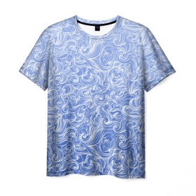 Мужская футболка 3D с принтом Волны на голубом фоне в Тюмени, 100% полиэфир | прямой крой, круглый вырез горловины, длина до линии бедер | textures | абстракция | белый | вода | водный | водяной | волны | дудл | дудлинг | завитки | загогулини | линии | морской | полосы | текстуры | фон