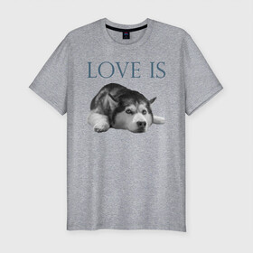 Мужская футболка хлопок Slim с принтом Любовь - это хаски в Тюмени, 92% хлопок, 8% лайкра | приталенный силуэт, круглый вырез ворота, длина до линии бедра, короткий рукав | дрессировка | забота | любовь | сибирский хаски | собака | собаки | собачка | собачник | увлечение | хаски | хобби