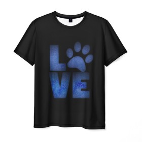 Мужская футболка 3D с принтом Любовь к собакам и животным в Тюмени, 100% полиэфир | прямой крой, круглый вырез горловины, длина до линии бедер | Тематика изображения на принте: английский | большие буквы | иностранные | лапа | любит животных | любитель собак | любовь | надпись | синий | след | слово | смысл | собачник