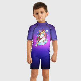 Детский купальный костюм 3D с принтом Единорог в Тюмени, Полиэстер 85%, Спандекс 15% | застежка на молнии на спине | единорог | единорожка | лошадка | лошадь | пони | радужный единорог | сказочный пони