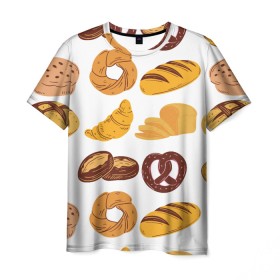 Мужская футболка 3D с принтом Булки в Тюмени, 100% полиэфир | прямой крой, круглый вырез горловины, длина до линии бедер | doodling | textures | tiles | булка | вкусно | выпечка | дудлинг | круассан | тайлы | текстуры | фон | хлеб