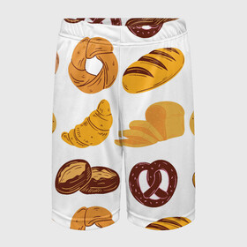 Детские спортивные шорты 3D с принтом Булки в Тюмени,  100% полиэстер
 | пояс оформлен широкой мягкой резинкой, ткань тянется
 | Тематика изображения на принте: doodling | textures | tiles | булка | вкусно | выпечка | дудлинг | круассан | тайлы | текстуры | фон | хлеб