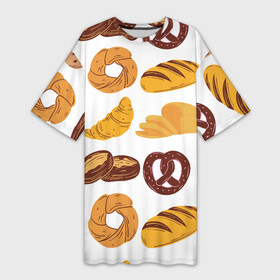 Платье-футболка 3D с принтом Булки в Тюмени,  |  | doodling | textures | tiles | булка | вкусно | выпечка | дудлинг | круассан | тайлы | текстуры | фон | хлеб