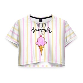 Женская футболка Crop-top 3D с принтом Мороженка в Тюмени, 100% полиэстер | круглая горловина, длина футболки до линии талии, рукава с отворотами | doodling | textures | tiles | вишенка | вкусно | дудлинг | лето | мороженное | розовый | сладкий | тайлы | текстуры | фон