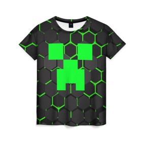 Женская футболка 3D с принтом MINECRAFT CREEPER в Тюмени, 100% полиэфир ( синтетическое хлопкоподобное полотно) | прямой крой, круглый вырез горловины, длина до линии бедер | block | creeper | cube | minecraft | pixel | блок | геометрия | крафт | крипер | кубики | майнкрафт | пиксели