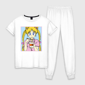 Женская пижама хлопок с принтом Sailor Moon Usagi Tsukino в Тюмени, 100% хлопок | брюки и футболка прямого кроя, без карманов, на брюках мягкая резинка на поясе и по низу штанин | anime | kawaii | manga | sailor moon | sailor senshi | usagi tsukino | аниме | воин в матроске | манга | сейлор мун | усаги цукино