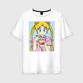 Женская футболка хлопок Oversize с принтом Sailor Moon Usagi Tsukino в Тюмени, 100% хлопок | свободный крой, круглый ворот, спущенный рукав, длина до линии бедер
 | Тематика изображения на принте: anime | kawaii | manga | sailor moon | sailor senshi | usagi tsukino | аниме | воин в матроске | манга | сейлор мун | усаги цукино