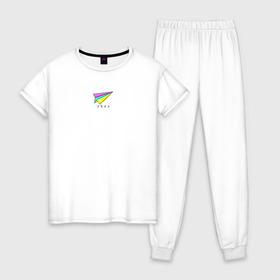 Женская пижама хлопок с принтом Бумажный самолетик в Тюмени, 100% хлопок | брюки и футболка прямого кроя, без карманов, на брюках мягкая резинка на поясе и по низу штанин | бумажный самолёт | иероглифы | надпись на японском | оригами | радуга | самолётик | цветной