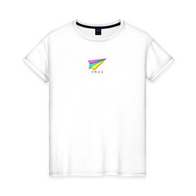 Женская футболка хлопок с принтом Бумажный самолетик в Тюмени, 100% хлопок | прямой крой, круглый вырез горловины, длина до линии бедер, слегка спущенное плечо | бумажный самолёт | иероглифы | надпись на японском | оригами | радуга | самолётик | цветной
