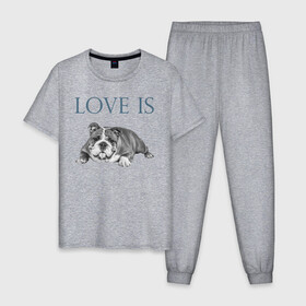 Мужская пижама хлопок с принтом Любовь - это бульдог в Тюмени, 100% хлопок | брюки и футболка прямого кроя, без карманов, на брюках мягкая резинка на поясе и по низу штанин
 | Тематика изображения на принте: английский бульдог | бульдог | дрессировка | забота | любовь | собака | собаки | собачка | собачник | увлечение | хобби