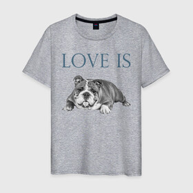 Мужская футболка хлопок с принтом Любовь - это бульдог в Тюмени, 100% хлопок | прямой крой, круглый вырез горловины, длина до линии бедер, слегка спущенное плечо. | Тематика изображения на принте: английский бульдог | бульдог | дрессировка | забота | любовь | собака | собаки | собачка | собачник | увлечение | хобби