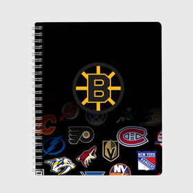 Тетрадь с принтом NHL Boston Bruins (Z) в Тюмени, 100% бумага | 48 листов, плотность листов — 60 г/м2, плотность картонной обложки — 250 г/м2. Листы скреплены сбоку удобной пружинной спиралью. Уголки страниц и обложки скругленные. Цвет линий — светло-серый
 | Тематика изображения на принте: anaheim ducks | arizona coyotes | boston bruins | buffalo sabres | calgary flames | canadiens de montreal | carolina hurricanes | chicago blackhawks | colorado | hockey | nhl | нхл | паттерн | спорт | хоккей