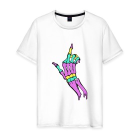 Мужская футболка хлопок с принтом Костяной фак в Тюмени, 100% хлопок | прямой крой, круглый вырез горловины, длина до линии бедер, слегка спущенное плечо. | Тематика изображения на принте: жест | кости | радуга | скелет | цветной | череп