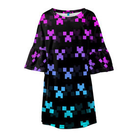 Детское платье 3D с принтом MINECRAFT CREEPER NEON в Тюмени, 100% полиэстер | прямой силуэт, чуть расширенный к низу. Круглая горловина, на рукавах — воланы | block | creeper | cube | minecraft | neon | pixel | блок | геометрия | крафт | крипер | кубики | майнкрафт | неон | пиксели