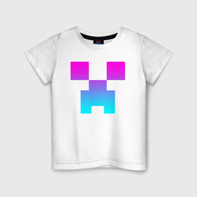 Детская футболка хлопок с принтом MINECRAFT CREEPER NEON в Тюмени, 100% хлопок | круглый вырез горловины, полуприлегающий силуэт, длина до линии бедер | block | creeper | cube | minecraft | pixel | блок | геометрия | крафт | крипер | кубики | майнкрафт | пиксели