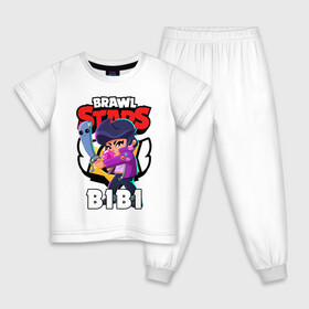 Детская пижама хлопок с принтом BRAWL STARS BIBI БРАВЛ СТАРС БИБИ в Тюмени, 100% хлопок |  брюки и футболка прямого кроя, без карманов, на брюках мягкая резинка на поясе и по низу штанин
 | Тематика изображения на принте: bibi | brawl stars | coach mike | crow | gale | leon | leon shark | max | mecha crow | mortis | mr.p | phoenix | sally leon | sandy | spike | sprout | tara | unicorn | virus 8 bit | werewolf | ворон | оборотень