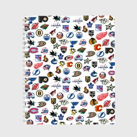 Тетрадь с принтом NHL PATTERN (Z) в Тюмени, 100% бумага | 48 листов, плотность листов — 60 г/м2, плотность картонной обложки — 250 г/м2. Листы скреплены сбоку удобной пружинной спиралью. Уголки страниц и обложки скругленные. Цвет линий — светло-серый
 | Тематика изображения на принте: anaheim ducks | arizona coyotes | boston bruins | buffalo sabres | calgary flames | canadiens de montreal | carolina hurricanes | chicago blackhawks | colorado | hockey | nhl | нхл | паттерн | спорт | хоккей