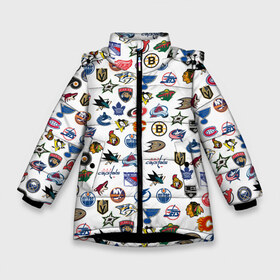 Зимняя куртка для девочек 3D с принтом NHL PATTERN (Z) в Тюмени, ткань верха — 100% полиэстер; подклад — 100% полиэстер, утеплитель — 100% полиэстер. | длина ниже бедра, удлиненная спинка, воротник стойка и отстегивающийся капюшон. Есть боковые карманы с листочкой на кнопках, утяжки по низу изделия и внутренний карман на молнии. 

Предусмотрены светоотражающий принт на спинке, радужный светоотражающий элемент на пуллере молнии и на резинке для утяжки. | Тематика изображения на принте: anaheim ducks | arizona coyotes | boston bruins | buffalo sabres | calgary flames | canadiens de montreal | carolina hurricanes | chicago blackhawks | colorado | hockey | nhl | нхл | паттерн | спорт | хоккей