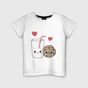 Детская футболка хлопок с принтом Milk and Cookies Love в Тюмени, 100% хлопок | круглый вырез горловины, полуприлегающий силуэт, длина до линии бедер | Тематика изображения на принте: coockie | friend | minimalism | дружба | любовь | минимализм | молоко | печенье | печенька | печеньки