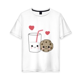 Женская футболка хлопок Oversize с принтом Milk and Cookies Love в Тюмени, 100% хлопок | свободный крой, круглый ворот, спущенный рукав, длина до линии бедер
 | Тематика изображения на принте: coockie | friend | minimalism | дружба | любовь | минимализм | молоко | печенье | печенька | печеньки