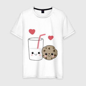 Мужская футболка хлопок с принтом Milk and Cookies Love в Тюмени, 100% хлопок | прямой крой, круглый вырез горловины, длина до линии бедер, слегка спущенное плечо. | Тематика изображения на принте: coockie | friend | minimalism | дружба | любовь | минимализм | молоко | печенье | печенька | печеньки