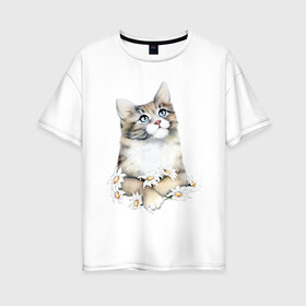 Женская футболка хлопок Oversize с принтом Котенок с ромашками в Тюмени, 100% хлопок | свободный крой, круглый ворот, спущенный рукав, длина до линии бедер
 | арт | животные | звери | картинка | кот | котенок | коты | кошка | рисунок