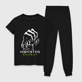 Женская пижама хлопок с принтом MONSTER ENERGY (Z) в Тюмени, 100% хлопок | брюки и футболка прямого кроя, без карманов, на брюках мягкая резинка на поясе и по низу штанин | black monster | bmx | claw | cybersport | energy | monster | monster energy | moto | motocross | race | sport | киберспорт | когти | монстер энерджи | монстр | мото | мотокросс | ралли | скейтбординг | спорт | т | энергия