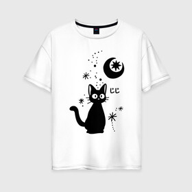 Женская футболка хлопок Oversize с принтом Jiji Cat в Тюмени, 100% хлопок | свободный крой, круглый ворот, спущенный рукав, длина до линии бедер
 | cat | jiji | kitty | аниме | ведьма | гибли | джиджи | животные | кот | котенок | кошка | миядзаки | мульт | мультфильм | тоторо