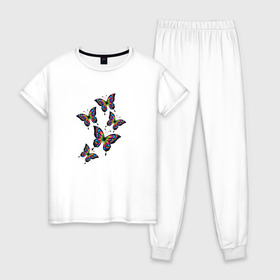 Женская пижама хлопок с принтом Радужные бабочки в Тюмени, 100% хлопок | брюки и футболка прямого кроя, без карманов, на брюках мягкая резинка на поясе и по низу штанин | ангел | бабочка | бабочки | весна | девочкам | девушке | крылья | лето | любовь | милый | насекомые | нежный | неоновый | подарок | природа | радужный | романтика | солнечный | цветочки