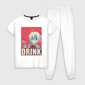 Женская пижама хлопок с принтом DRINK в Тюмени, 100% хлопок | брюки и футболка прямого кроя, без карманов, на брюках мягкая резинка на поясе и по низу штанин | anime | chuunibyou | cute | demo | drink | eye | ga | girl | hope | kawai | kawaii | koi | manga | rikka | takanashi | wicked | аниме | бант | гл | глаз | грешный | девочка | злой | любви | манга | на | надпись | не | пить | плакат | п