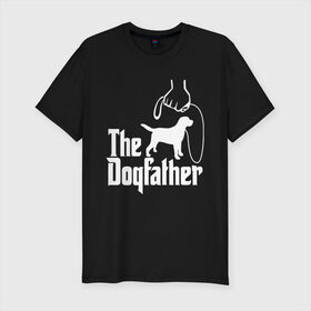 Мужская футболка хлопок Slim с принтом The Dogfather - пародия в Тюмени, 92% хлопок, 8% лайкра | приталенный силуэт, круглый вырез ворота, длина до линии бедра, короткий рукав | godfather | крестный отец | лабрадор | ретривер | собака | собачник | хобби