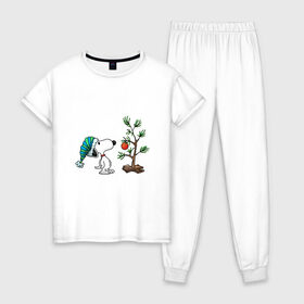 Женская пижама хлопок с принтом Снупи и ёлка в Тюмени, 100% хлопок | брюки и футболка прямого кроя, без карманов, на брюках мягкая резинка на поясе и по низу штанин | 