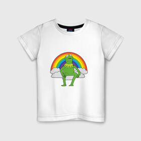 Детская футболка хлопок с принтом Лягушонок Кермит в Тюмени, 100% хлопок | круглый вырез горловины, полуприлегающий силуэт, длина до линии бедер | rainbow | герой | животные | зелёный | кермит | лягушка | мультик | мультфильм | персонаж | радуга | улица сезам | цветной
