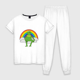 Женская пижама хлопок с принтом Лягушонок Кермит в Тюмени, 100% хлопок | брюки и футболка прямого кроя, без карманов, на брюках мягкая резинка на поясе и по низу штанин | rainbow | герой | животные | зелёный | кермит | лягушка | мультик | мультфильм | персонаж | радуга | улица сезам | цветной