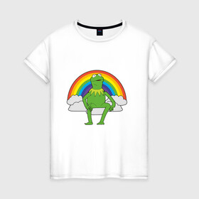 Женская футболка хлопок с принтом Лягушонок Кермит в Тюмени, 100% хлопок | прямой крой, круглый вырез горловины, длина до линии бедер, слегка спущенное плечо | rainbow | герой | животные | зелёный | кермит | лягушка | мультик | мультфильм | персонаж | радуга | улица сезам | цветной