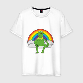 Мужская футболка хлопок с принтом Лягушонок Кермит в Тюмени, 100% хлопок | прямой крой, круглый вырез горловины, длина до линии бедер, слегка спущенное плечо. | Тематика изображения на принте: rainbow | герой | животные | зелёный | кермит | лягушка | мультик | мультфильм | персонаж | радуга | улица сезам | цветной