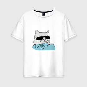 Женская футболка хлопок Oversize с принтом Крутой кот в Тюмени, 100% хлопок | свободный крой, круглый ворот, спущенный рукав, длина до линии бедер
 | mem | арт | животные | картинка | кот в очках | котик | кошка | мем | прикол | рисунок | смешной кот
