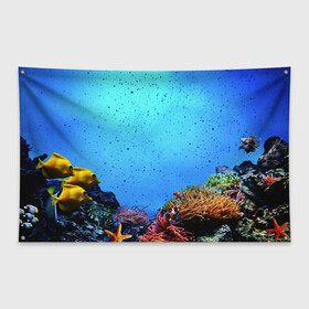 Флаг-баннер с принтом Подводный мир в Тюмени, 100% полиэстер | размер 67 х 109 см, плотность ткани — 95 г/м2; по краям флага есть четыре люверса для крепления | аква | аквариум | актинии | вода | море | морские | морские звезды | морской | океан | под водой | подводный мир | пузырьки | рыба | рыба клоун | рыбы