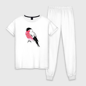Женская пижама хлопок с принтом Снегирь в Тюмени, 100% хлопок | брюки и футболка прямого кроя, без карманов, на брюках мягкая резинка на поясе и по низу штанин | арт | животные | картинка | птица снегирь | рисунок | снегирь в свитере