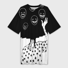Платье-футболка 3D с принтом Многоликий | Multi face (Z) в Тюмени,  |  | head | human | monster | взрыв башки | голова | головы | звезды | кукловод | лицемер | марионетка | маска | маски | многоликий | многоликость | монстр | хоррор | чб | человечек | чудовище