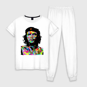 Женская пижама хлопок с принтом Che в Тюмени, 100% хлопок | брюки и футболка прямого кроя, без карманов, на брюках мягкая резинка на поясе и по низу штанин | argentina | che guevara | color | cuba | paint | revolutionary | аргентина | краска | куба | революционер | цвет | че гевара