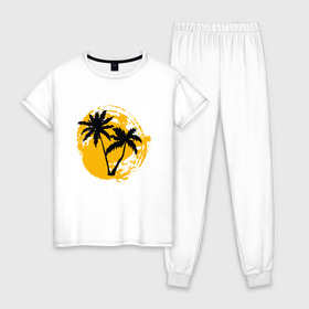 Женская пижама хлопок с принтом Лето близко! в Тюмени, 100% хлопок | брюки и футболка прямого кроя, без карманов, на брюках мягкая резинка на поясе и по низу штанин | близко | жара | лето | море | небо | пальмы